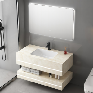High End Yellow Stone Floating Double Layer Vanity Sink Rock Slab Bathroom Washbasin with LED Mirror Durable Sanitary Ware Unit