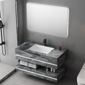 High End Grey Stone Floating Double Layer Vanity Sink Rock Slab Bathroom Washbasin with LED Mirror Durable Sanitary Ware Unit