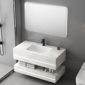 High Quality White Stone Floating Double Layer Vanity Sink Rock Slab Bathroom Washbasin with LED Mirror Durable Sanitary Ware Unit