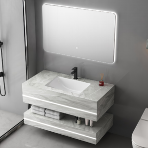 High Quality Light Grey Stone Floating Double Layer Vanity Sink Rock Slab Bathroom Washbasin with LED Mirror Durable Sanitary Ware Unit