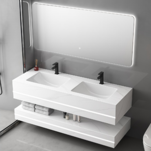 Minimalist Design Floating Rock Slab Double Layer Bathroom Vanity Double Washbasin Durable Bathroom Furniture Furniture for Hotel Villa