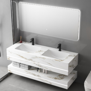 Hotel Grade Floating Double Layer Rock Slab Bathroom Vanity With Double Sinks Seamless Ceraamic Washbasin Durable Sanitary Ware Unit