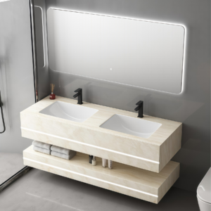New Item Yellow Stone Floating Double Layer Vanity Rock Slab Bathroom Cabinet Double Washbasin Durable Sanitary Ware Unit