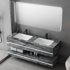 Good Quality Dark Grey Stone Floating Large Size Vanity Rock Slab Bathroom with Double Washbasin Durable Sanitary Ware Unit