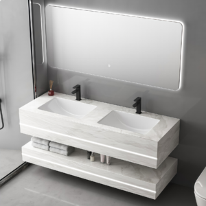 High Quality White Stone Floating Vanity Sink Rock Slab Bathroom Cabinet with Double Basins Ceramic Washbasin Durable Sanitary Ware Unit