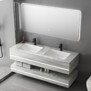High Quality Light Grey Stone Floating Vanity Double Sinks Rock Slab Bathroom Furniture with Ceramic Basin LED Mirror Sanitary Ware Unit