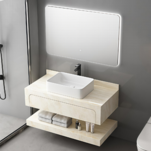 New Arrival Waterproof Wall Mounted Smart Led Backlight Mirror Marble Basin Vanity Sink Storage Cabinet Bathroom Furniture Set