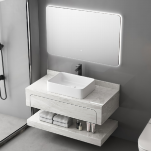 Modern Double Layer Wall Hanging Rock Slab Bathroom Vanity Tabletop Ceramic Single Sink Bathroom Furniture Unit for Hotel Villa