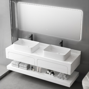 Hotel Grade Wall Mounted Vannity with Double Basin Smart Led Backlight Mirror Rock Slab Vanity Storage Cabinet Waterproof Bathroom Furniture Set