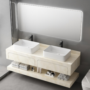 Good Quallity Yellow Marble Type Wall Mounted Vannity with Double Basin Rock Slab Vanity Storage Cabinet Bathroom Furniture Set