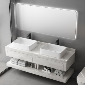 Luxury Hotel Style Double Layer Wall Hanging Rock Slab Bathroom Vanity Tabletop Ceramic Double Sinks Bathroom Furniture Unit for Hotel Villa