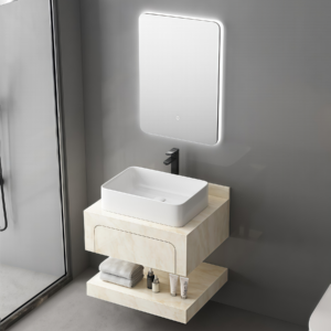 Simple Style Wall Hanging Yellow Marble Type Bathroom Vanity Tabletop Ceramic Sink Bathroom Furniture Unit for Small Space