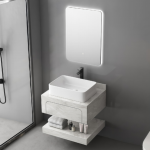 Durable Double Layer Wall Hanging Rock Slab Bathroom Vanity Tabletop Ceramic Sink Bathroom Furniture Unit for Small Space