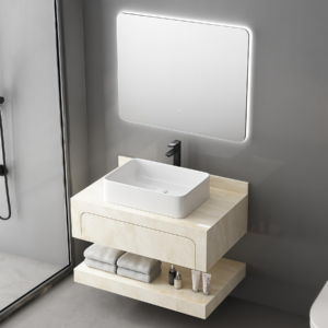 Polpular Design Wall Hanging Yellow Marble Type Bathroom Vanity Tabletop Ceramic Sink Double Layer Storage Cabinet Bathroom Furniture Set