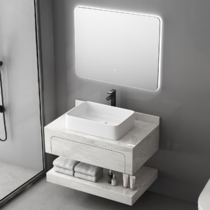 Waterproof Double Layer Wall Hanging Rock Slab Bathroom Vanity Tabletop Ceramic Sink Bathroom Furniture Unit for Small Space