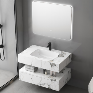 Hotel Style Double Layer Cabinet Wall Mounting Rock Slab Bathroom Vanity High Quality Bathroom Furniture Unit for Hotel Villa