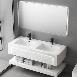 Hotel Grade Rock Slab Bathroom Vanities Double Level Sintered Stone Cabinet Wall Mounted Bathroom Vanity High Quality Bathroom Accessories