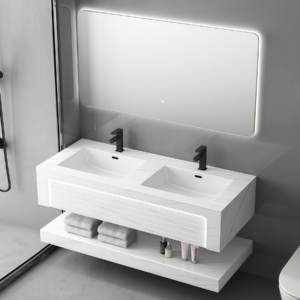 Premium Product Double Level Sintered Stone Cabinet Wall Mounted Rock Slab Bathroom Vanity High End Bathroom Furniture Accessory