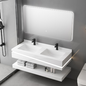 Premium White Fashion Modern Floating Marble Countertop Vanity Stone Bathroom Cabinets Vanities With Slab Basin With Light Mirror
