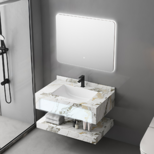 Modern Dual Sinks Vanity Double Layer Rock Slab Bathroom Cabinet Set Wall-Hung with Rock Plate for Home Hotel Factory Direct Wholesale