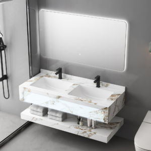 Modern Dual Sinks Vanity Double Layer Rock Slab Bathroom Cabinet Set Wall-Hung with Rectangular Rock Plate for Home Hotel Factory Direct Wholesale