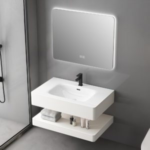 Simple Hotel Style LED Mirror Bathroom Cabinet Modern Design Double Layer White Rock Plate Bathroom Vanity Factory Direct Sale