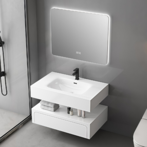 Minimalist Hotel Style Bathroom Cabinet with Led Mirror Modern Design Double Layer White Rock Plate Bathroom Vanity Factory Direct Sale