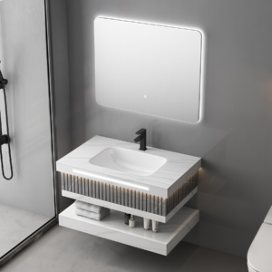 New Design Artificial Stone Bathroom Cabinet with Led Mirror Modern Double Layer White Rock Plate Bathroom Vanity Factory Direct Sale