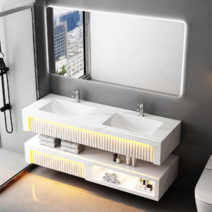 Luxury Hotel Style Ceramic Rectangle Wall Mounting Vessel Solid Surface Bathroom Sink Two Layers Suspend Artificial Stone Bathroom Vanity