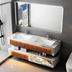 Bestseller Ceramic Rectangle Wall Mounting Vessel Modern Solid Surface Bathroom Double Sinks Two Layers Suspend Artificial Stone Bathroom Vanity