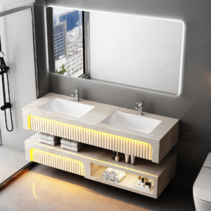 Popular Nordic Style Ceramic Rectangle Wall Mounting Vessel Solid Surface Bathroom Sink Two Layers Suspend Artificial Stone Bathroom Vanity