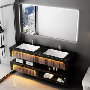 Large Size Ceramic Rectangle Wall Mounting Vessel Solid Surface Bathroom Sink Two Layers Suspend Artificial Stone Black Marble Bathroom Vanity
