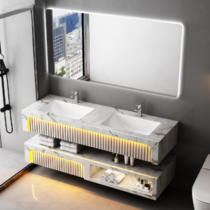 High End Hotel Style Ceramic Rectangle Wall Mounting Vessel Solid Surface Bathroom Double Sinks Two Layers Suspend Artificial Stone Black Marble Bathroom Vanity