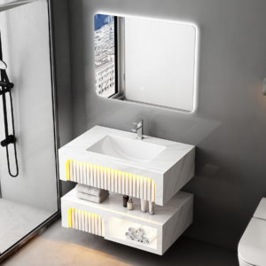 Hot Sell Ceramic Rectangle Wall Mounting Vessel Nordic Modern Solid Surface Bathroom Sink Two Layers Suspend Artificial Stone Bathroom Vanity