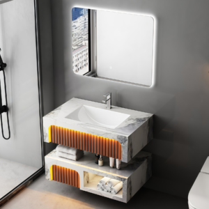 Popular Ceramic Rectangle Wall Mounting Vessel Nordic Modern Solid Surface Bathroom Sink Two Layers Suspend Artificial Stone Bathroom Vanity