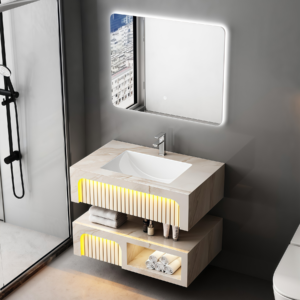 Popular Nordic Style Ceramic Rectangle Wall Mounting Vessel Solid Surface Bathroom Sink Two Layers Suspend Artificial Stone Bathroom Vanity