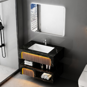 Nordic Style Ceramic Rectangle Wall Mounting Vessel Solid Surface Bathroom Sink Two Layers Suspend Artificial Stone Black Marble Bathroom Vanity