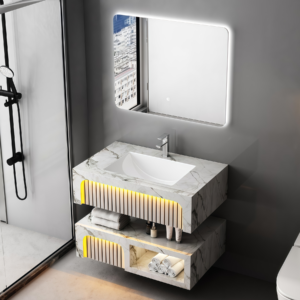 Hotel Style Ceramic Rectangle Wall Mounting Vessel Solid Surface Bathroom Sink Two Layers Suspend Artificial Stone Black Marble Bathroom Vanity