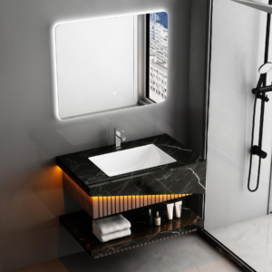 Customized Modern Rock Plate Slate Floating Vanity Cabinet Ceramic Basin Wall Hung Bathroom Single Sink Artificial Sintered Stone Makeup Vanity