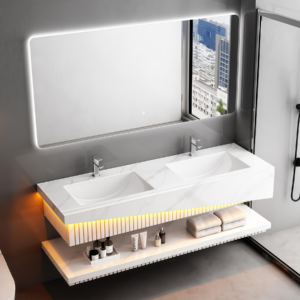 Popular Dual Sinks Vanity Bathroom Cabinet Set Moisture-proof Modern Wall Mounted Vanity with Light Colored Slab Counter Top With Basin