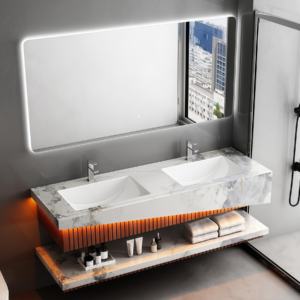 Unique Design Dual Ceramic Sinks Rock Slab Vanity Bathroom Cabinet Set Moisture-proof Wall Mounted Artificial Cabinet Colored Slab Counter Top With Basin