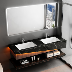 Modern Dual Sink Vanity Bathroom Cabinet Set Moisture-proof Modern Wall Mounted Vanity with Light Colored Slab Counter Top With Basin