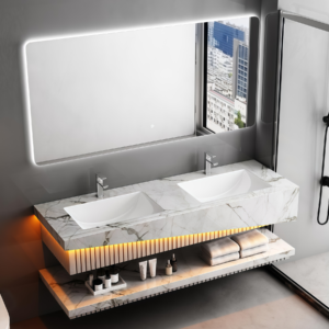 Newest Design Dual Ceramic Sinks Rock Slab Vanity Bathroom Cabinet Set Moisture-proof Wall Mounted Artificial Cabinet Colored Slab Counter Top With Basin