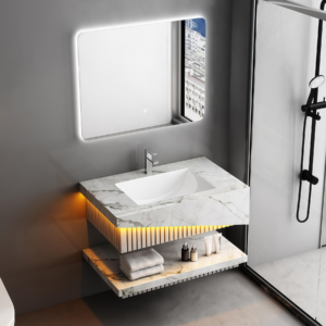 Popular Ceramic Wall Hung Vessel Solid Surface Bathroom Sink Double Basin Two Layers Suspend Artificial Stone Bathroom Vanity for Hotel Home