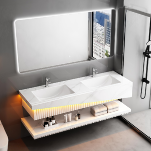 Quality Certification Rock Slab Bathroom Cabinet Two Ceramic Sinks Set Waterproof Wall Hung Artificial Stone Bathroom Vanities Factory Wholesaler