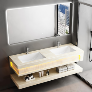 Friendly Materials Rock Slab Bathroom Cabinet Two Ceramic Sinks Set Moisture-proof Wall Mounting Artificial Stone Bathroom Vanities Factory Direct