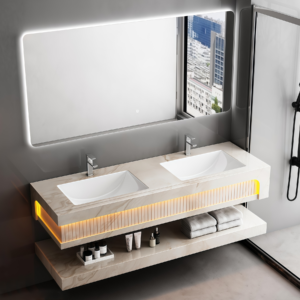 Good Quality Rock Slab Bathroom Cabinet Two Ceramic Sinks Set Moisture-proof Wall Mounting Artificial Stone Bathroom Vanities Factory Direct