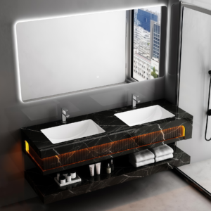 Good Price Rock Slab Bathroom Cabinet Two Ceramic Sinks Set Moisture-proof Wall Mounting Artificial Stone Bathroom Vanities Factory Direct