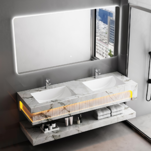 Latest Model Rock Slab Bathroom Cabinet Two Ceramic Sinks Set Moisture-proof Wall Mounting Artificial Stone Bathroom Vanities Factory Direct
