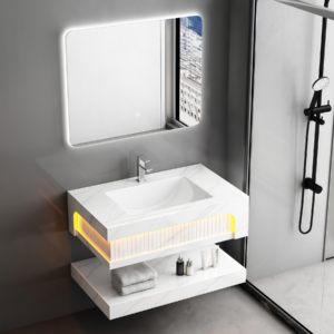 Innovative Design Ceramic Sink Rock Slab Vanity Bathroom Cabinet Set Moisture-proof Wall Mounted Artificial Cabinet Colored Slab Counter Top With Basin